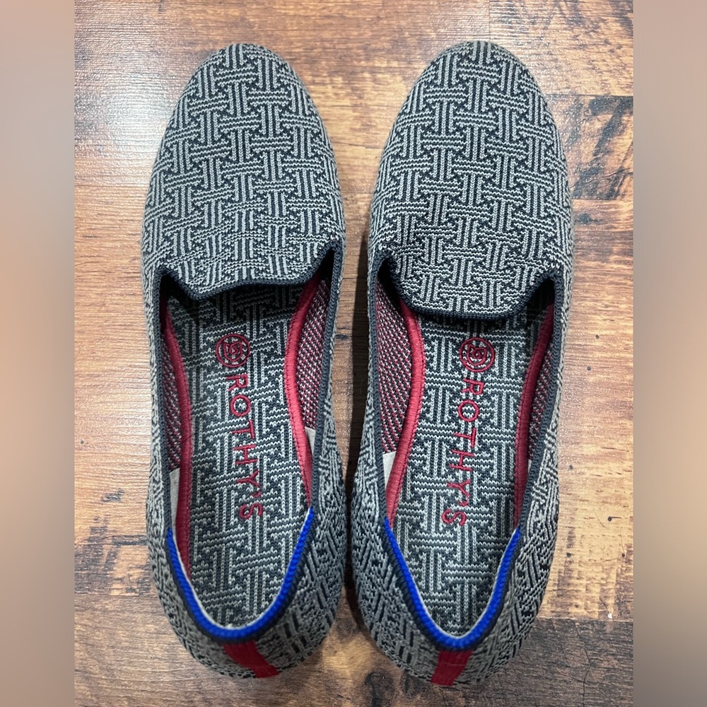 Rothy’s Retired Charcoal Gray Grid Pattern Loafer Flats Slip On Size 9